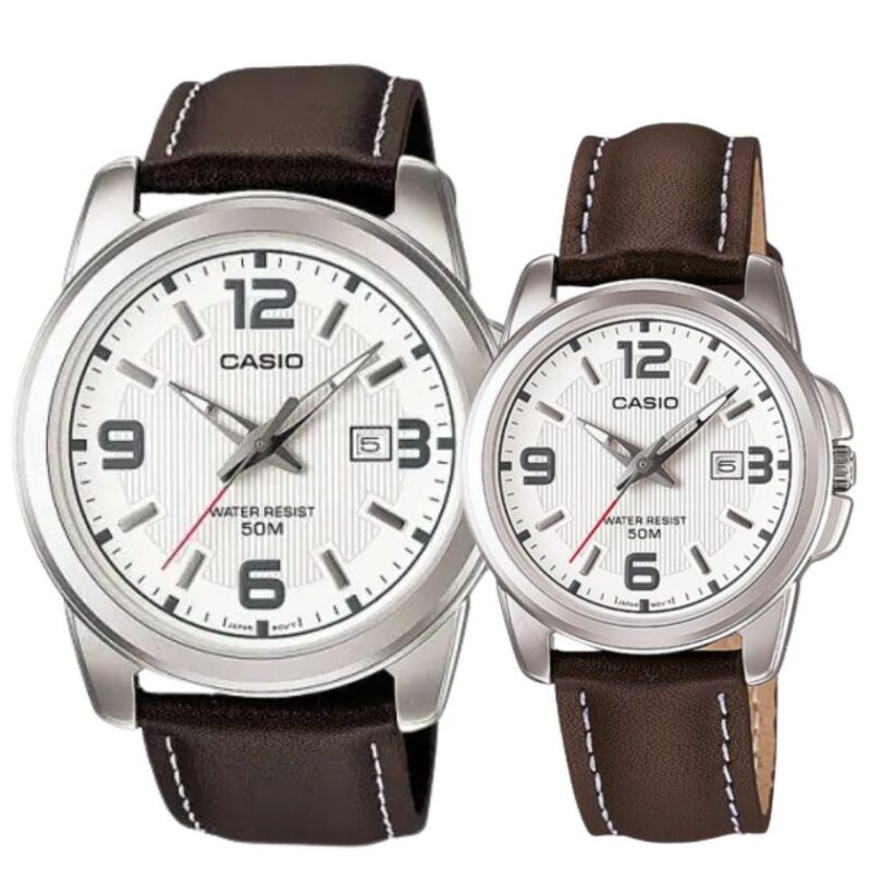 CASIO 1314L HIS & HERS ENTICER ANALOG BROWN LEATHER WATCH