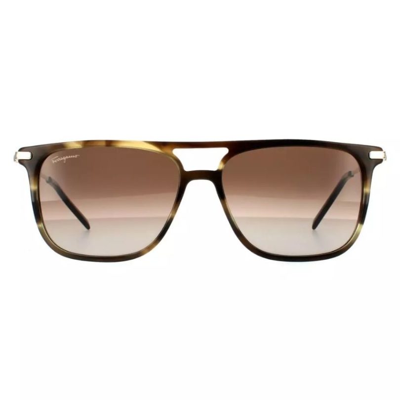 Salvatore Ferragamo SF966S-319 Men’s Striped Khaki Grey Gradient Browbar Sunglasses - Image 2