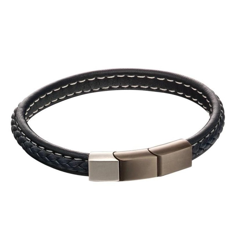 Fred Bennett B5119 Men’s Black Clasp, Navy Blue Plaited Leather Bracelet