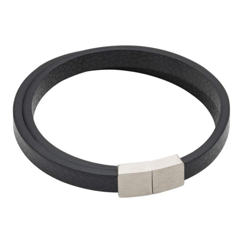 Fred Bennett B5413 Double Row Snakeskin Effect Black Leather Bracelet