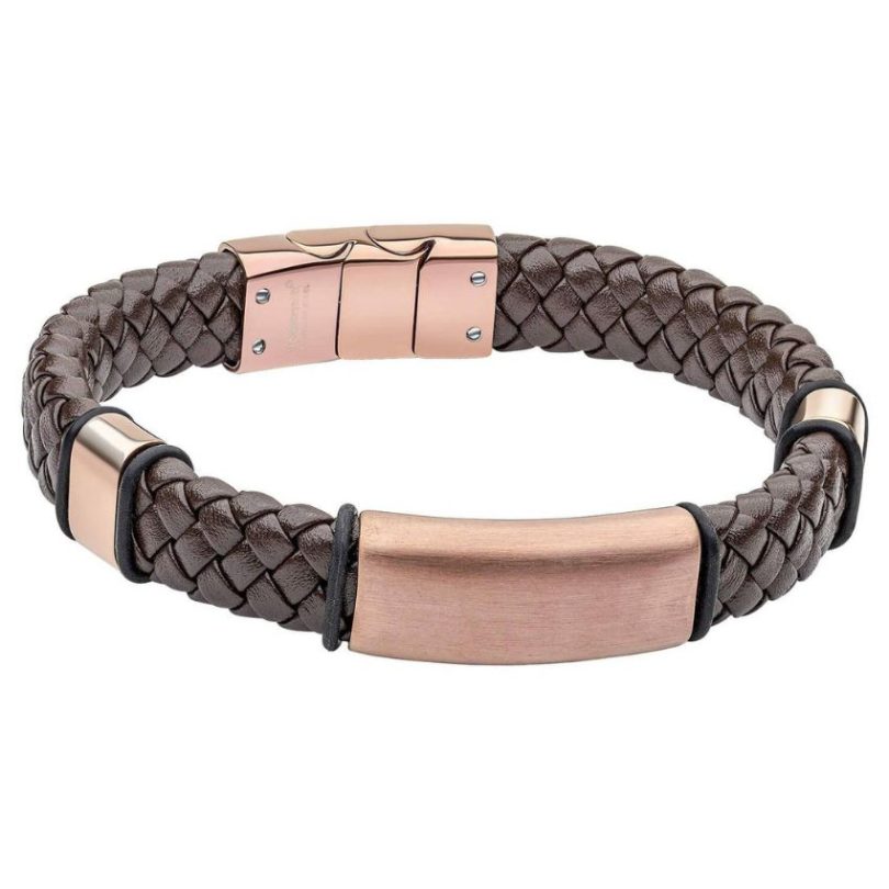 Fred Bennett B5467 Woven Brown Leather Bracelet with Coffee Plated Stainless Steel